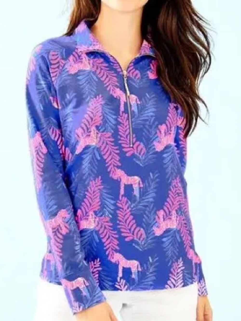 Lilly Pulitzer Skipper Popover Women S Blue Pink Zebra Leaf Print Excellent